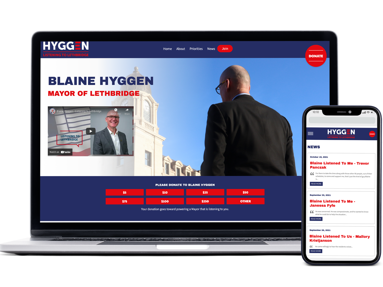 blaine hyggen mayoral campaign website mockup on mobile and laptop