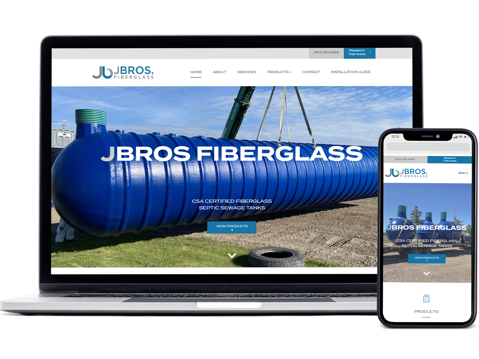 JBROS Fiberglass website mockup on mobile and laptop