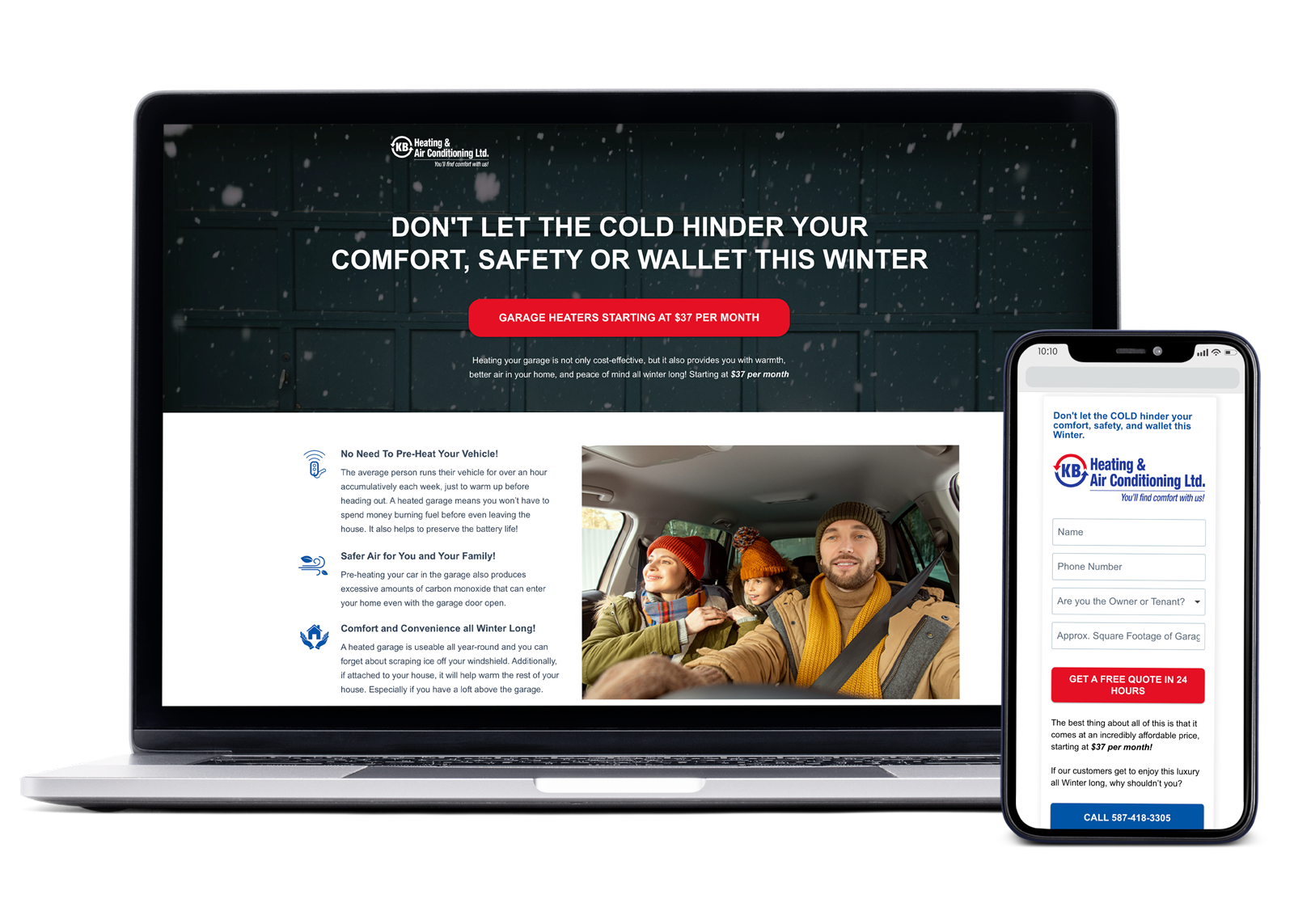kb heating & air conditioning heated garages landing page mockup