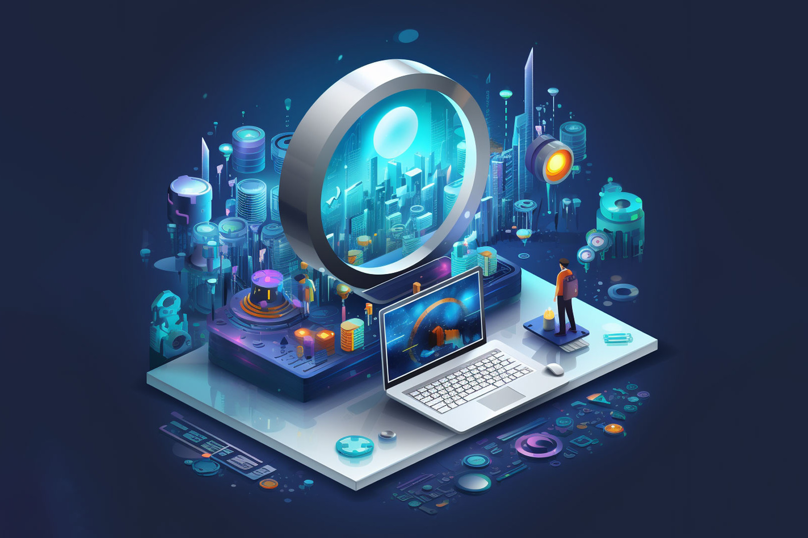 seo concept with a man standing next to a computer and magnifying glass