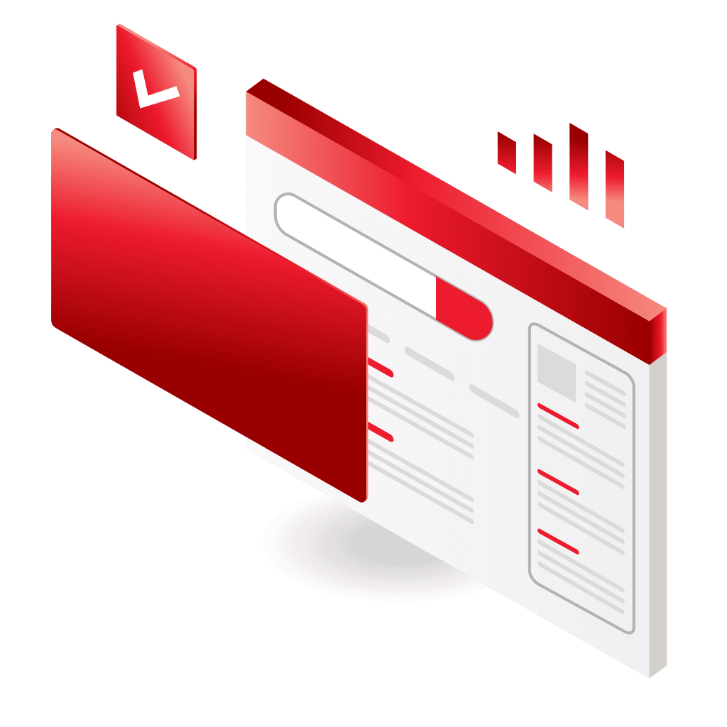 3d graphic of "website", "graph", "checkmark in a box" and a "large red square"